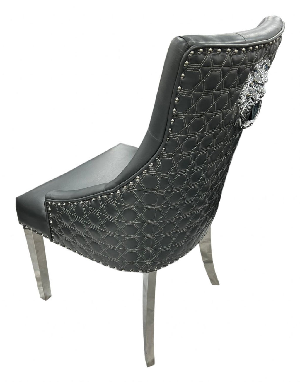 Dark Grey PU Dining Chair with Lion Knocker and Chrome Legs
