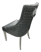 Dark Grey PU Dining Chair with Lion Knocker and Chrome Legs