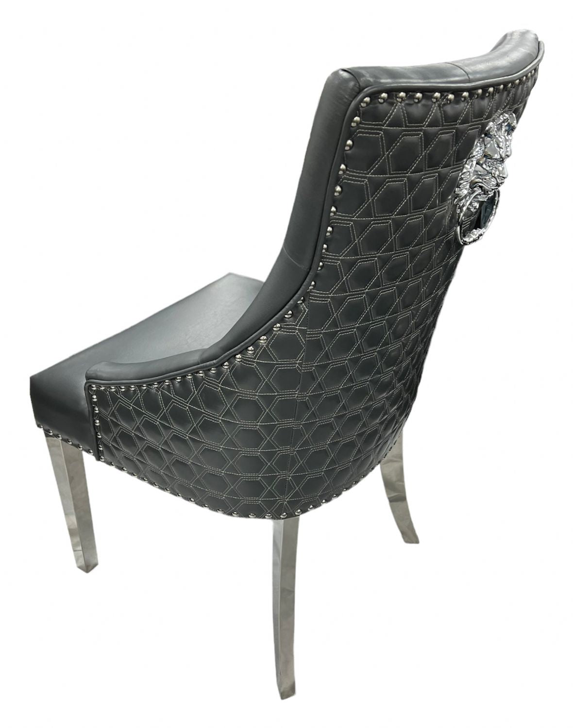 Dark Grey PU Dining Chair with Lion Knocker and Chrome Legs