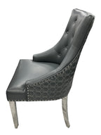 Dark Grey PU Dining Chair with Lion Knocker and Chrome Legs