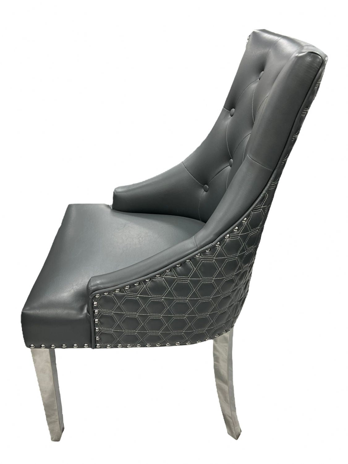 Dark Grey PU Dining Chair with Lion Knocker and Chrome Legs
