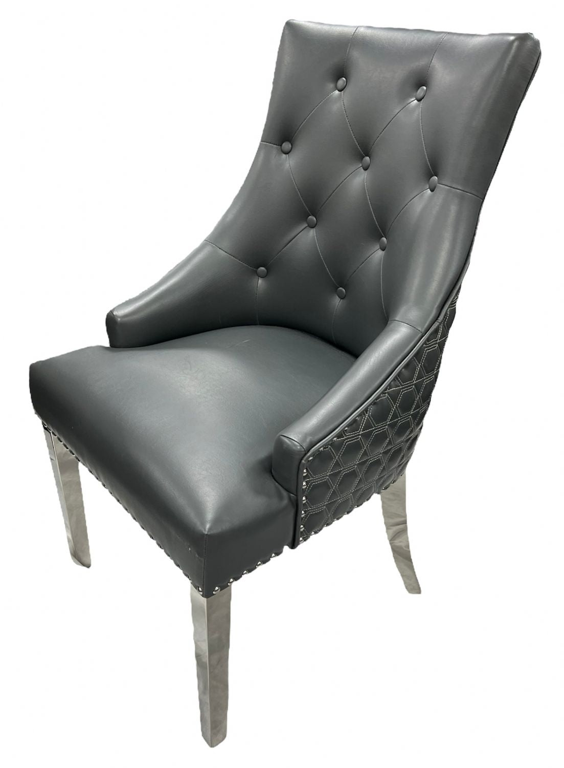 Dark Grey PU Dining Chair with Lion Knocker and Chrome Legs