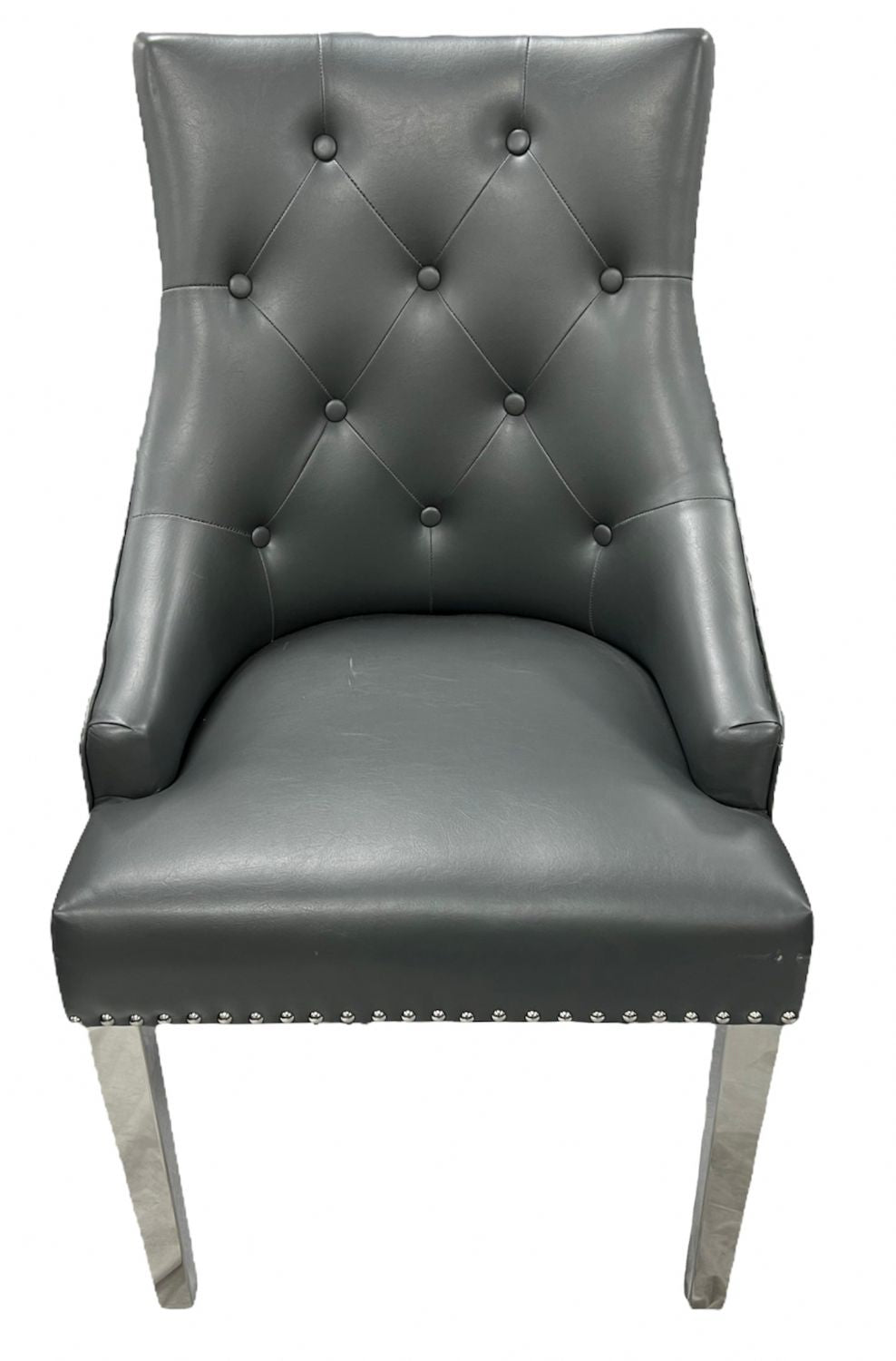 Dark Grey PU Dining Chair with Lion Knocker and Chrome Legs