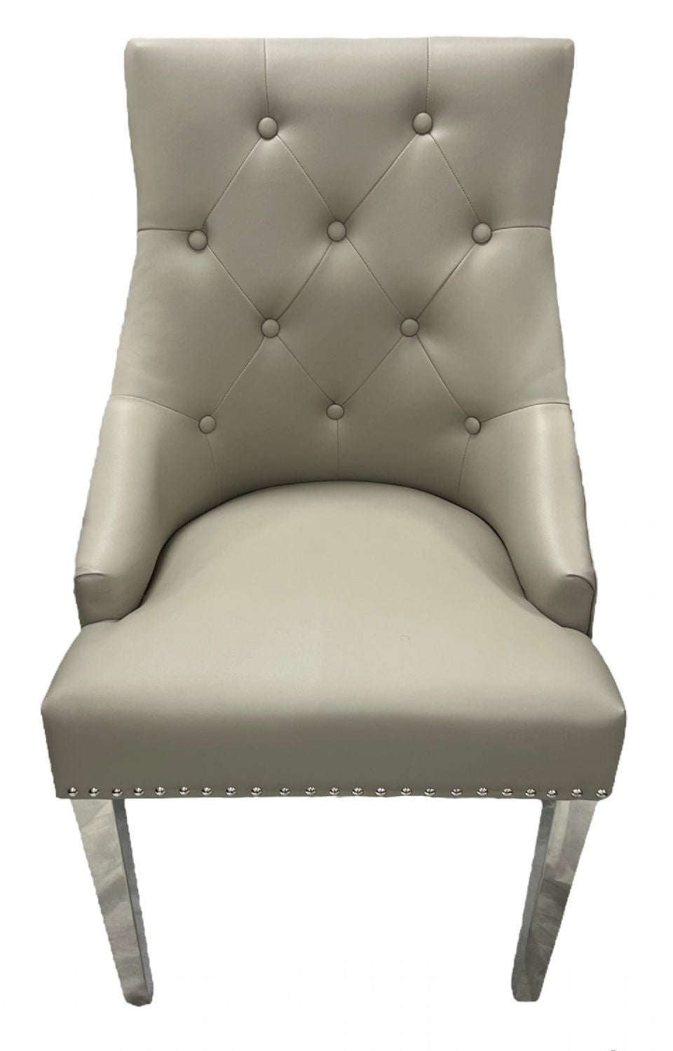 Light Grey PU Dining Chair with Lion Knocker and Chrome Legs