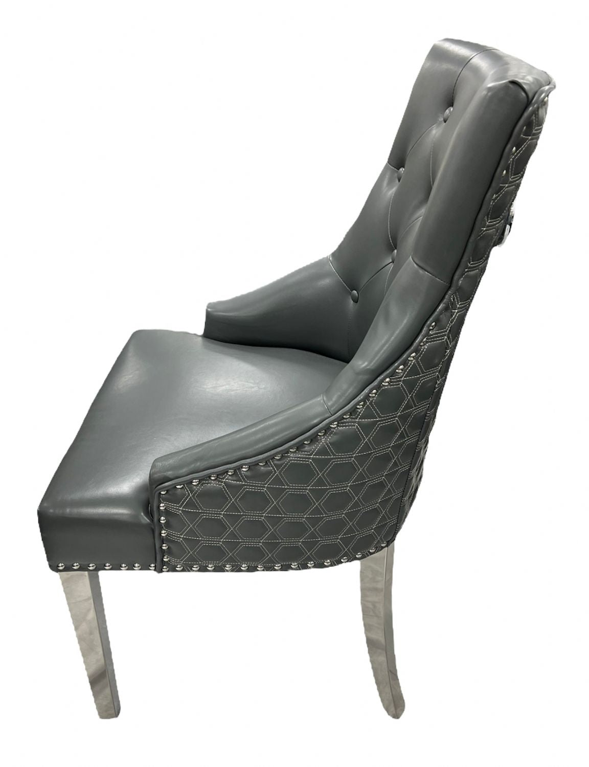 Dark Grey PU Dining Chair with Ring Knocker and Chrome Legs