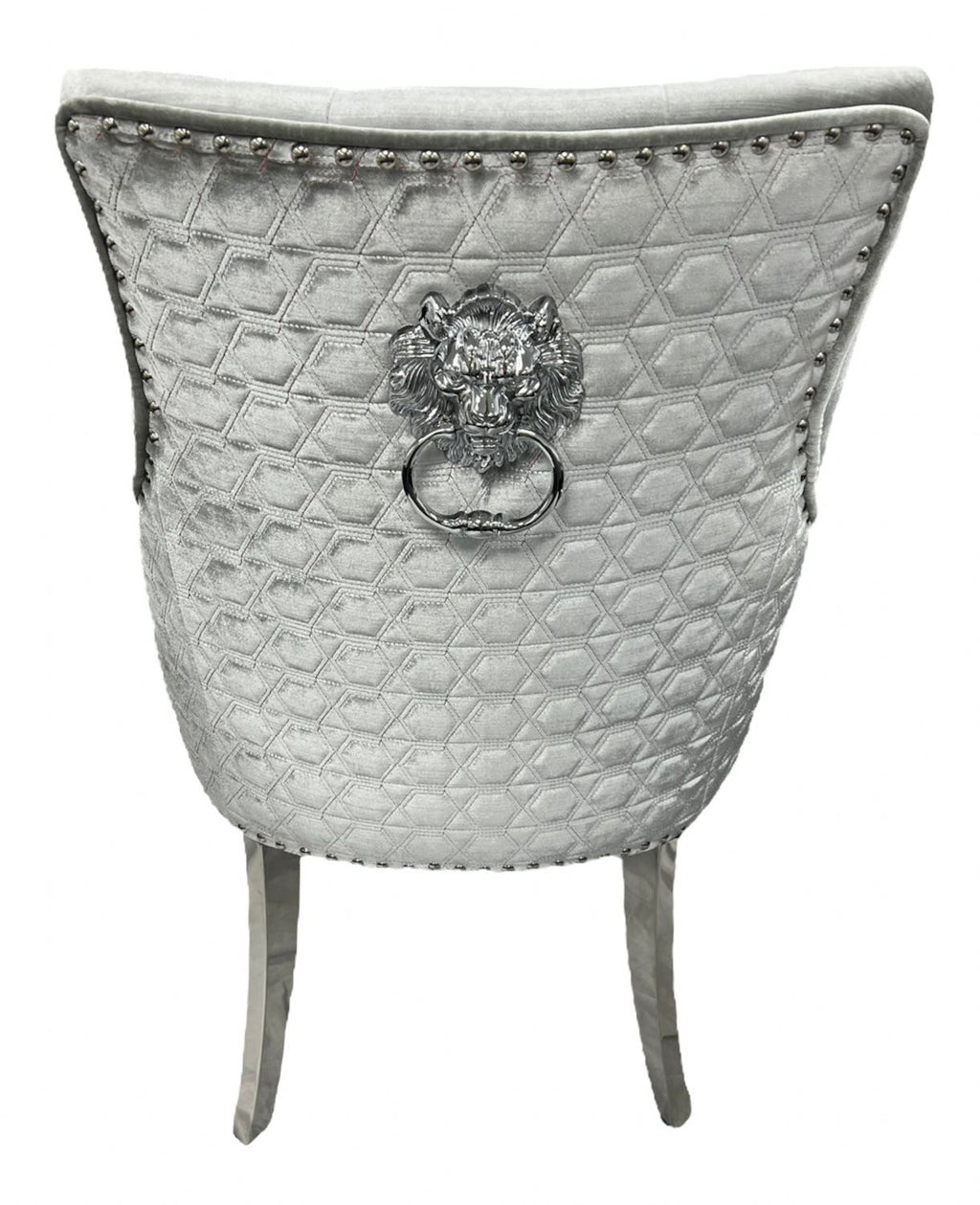 Silver Grey Velvet Dining Chair with Lion Knocker and Chrome Legs