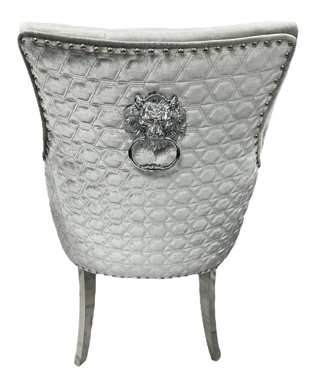Silver Grey Velvet Dining Chair with Lion Knocker and Chrome Legs