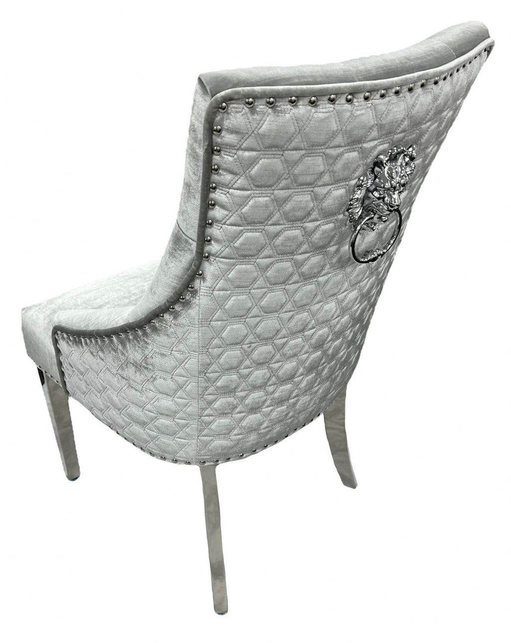 Silver Grey Velvet Dining Chair with Lion Knocker and Chrome Legs