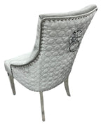 Silver Grey Velvet Dining Chair with Lion Knocker and Chrome Legs