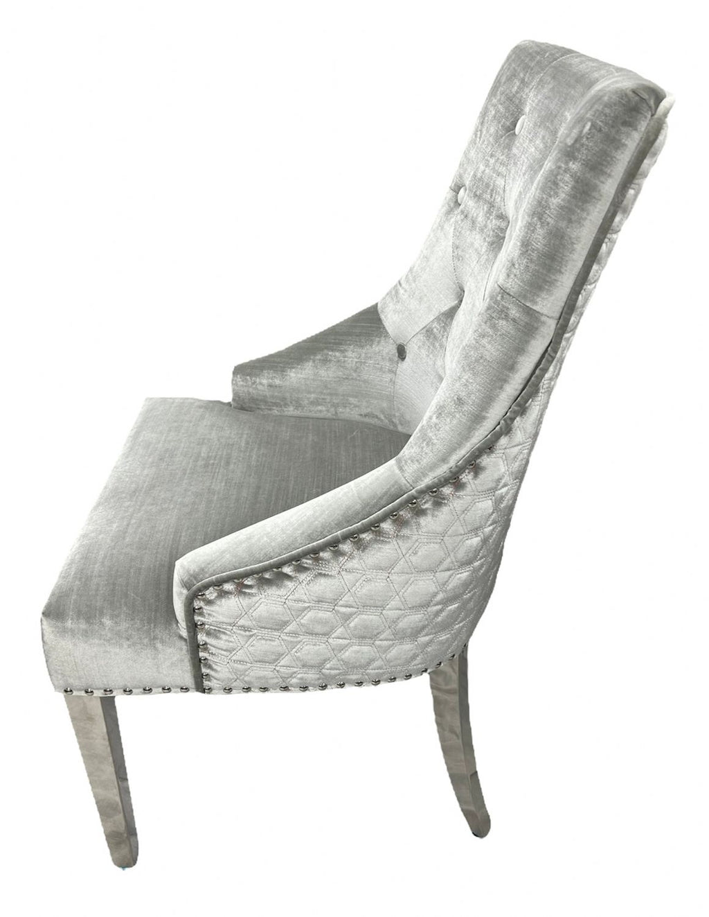 Silver Grey Velvet Dining Chair with Lion Knocker and Chrome Legs