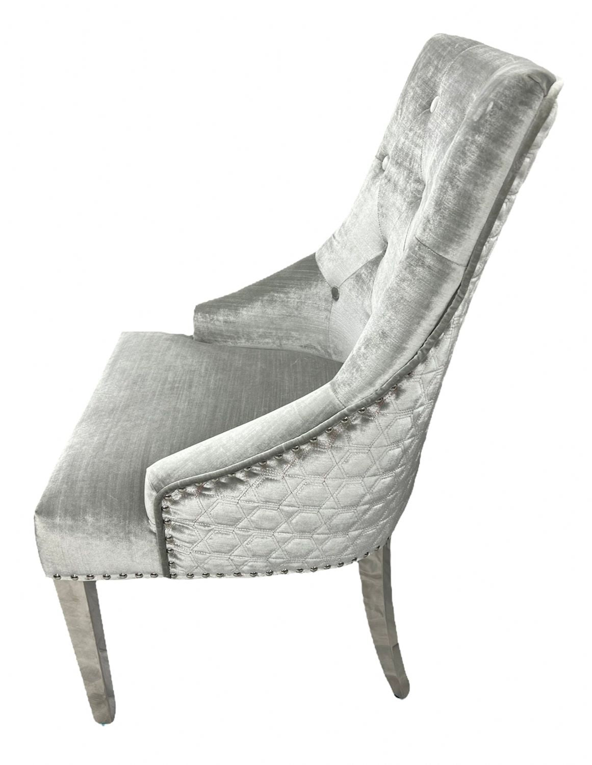 Silver Grey Velvet Dining Chair with Lion Knocker and Chrome Legs