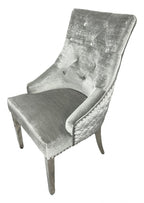 Silver Grey Velvet Dining Chair with Lion Knocker and Chrome Legs
