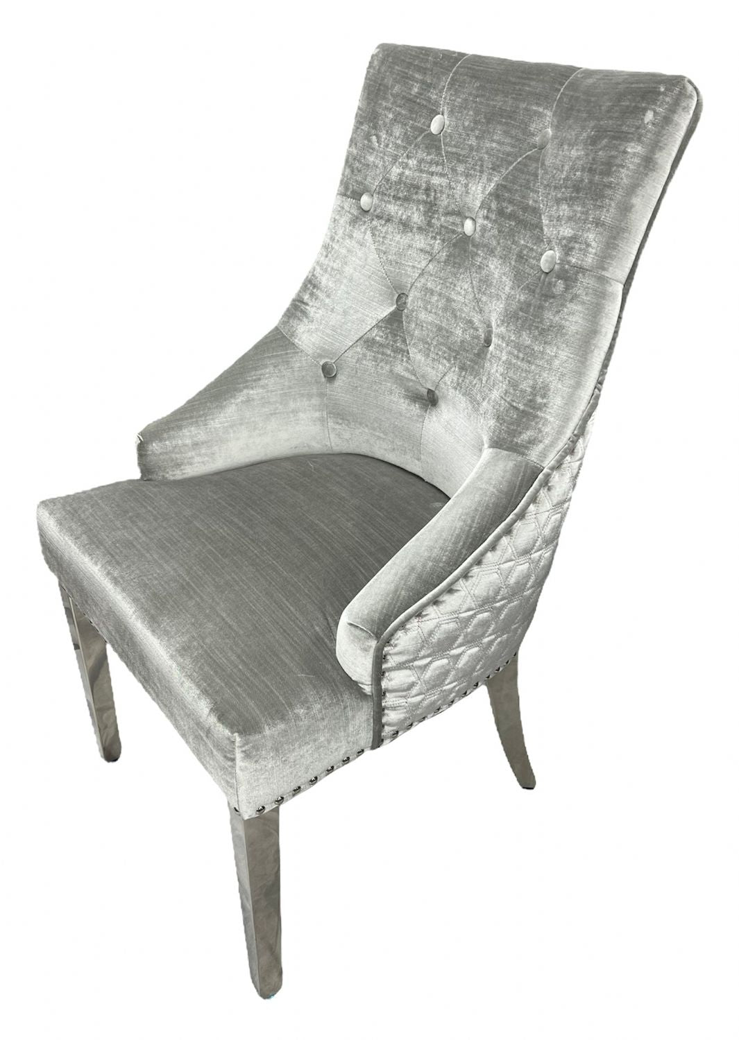 Silver Grey Velvet Dining Chair with Lion Knocker and Chrome Legs
