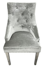 Silver Grey Velvet Dining Chair with Lion Knocker and Chrome Legs