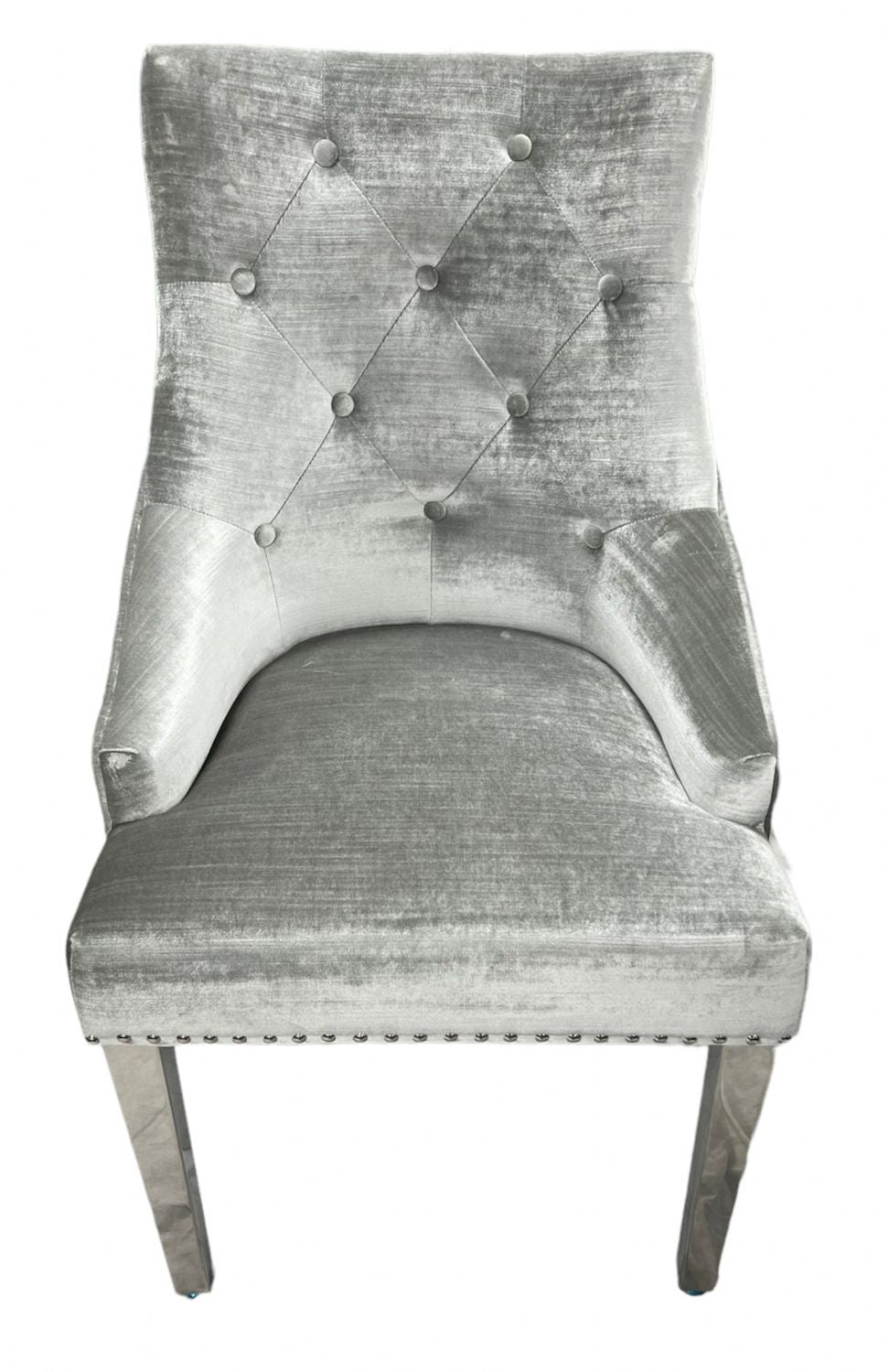 Silver Grey Velvet Dining Chair with Lion Knocker and Chrome Legs