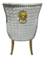 Silver Grey Shimmer Velvet Dining Chair with Lion Knocker and Gold Legs
