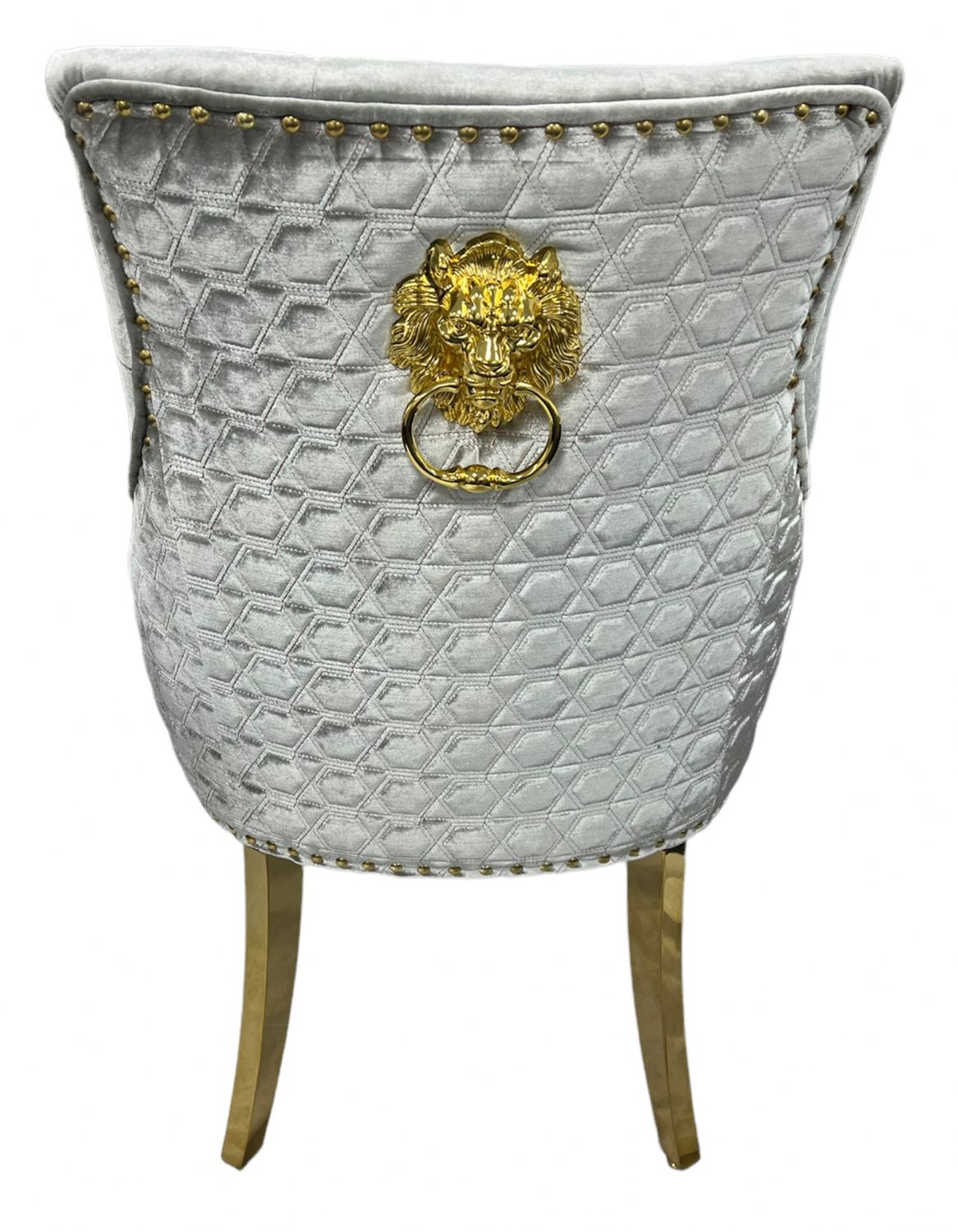 Silver Grey Shimmer Velvet Dining Chair with Lion Knocker and Gold Legs