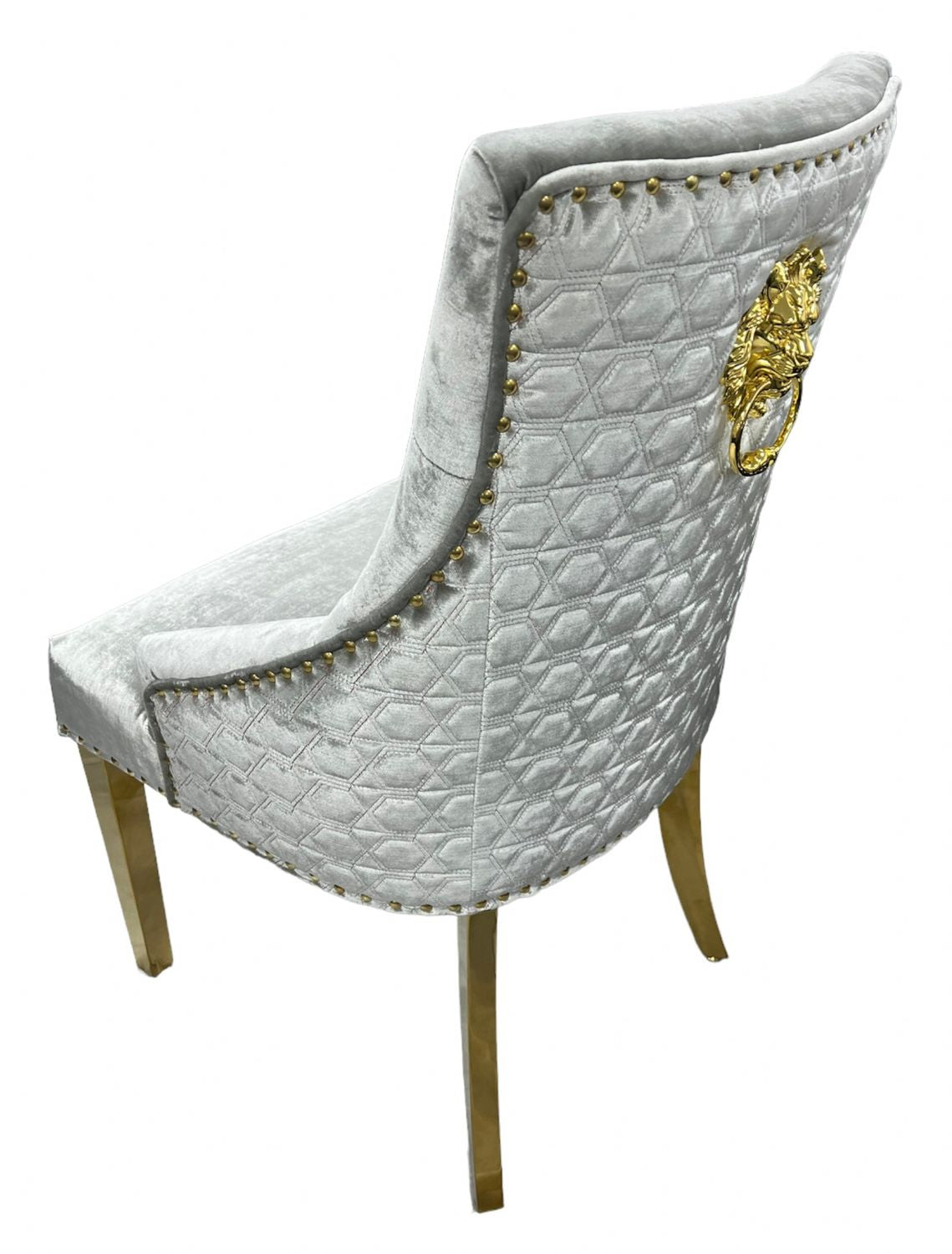 Silver Grey Shimmer Velvet Dining Chair with Lion Knocker and Gold Legs