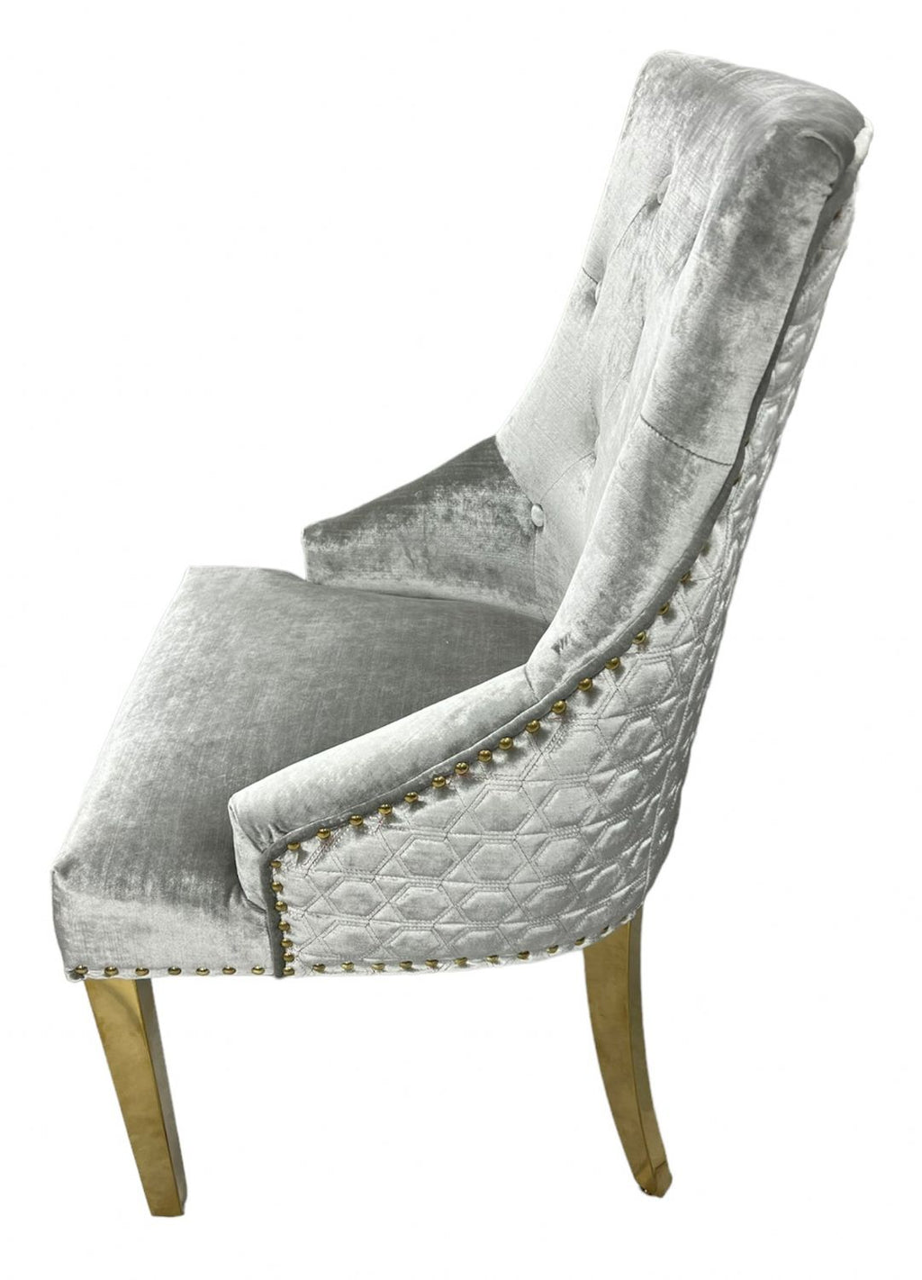 Silver Grey Shimmer Velvet Dining Chair with Lion Knocker and Gold Legs