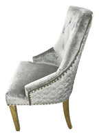 Silver Grey Shimmer Velvet Dining Chair with Lion Knocker and Gold Legs