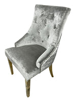 Silver Grey Shimmer Velvet Dining Chair with Lion Knocker and Gold Legs