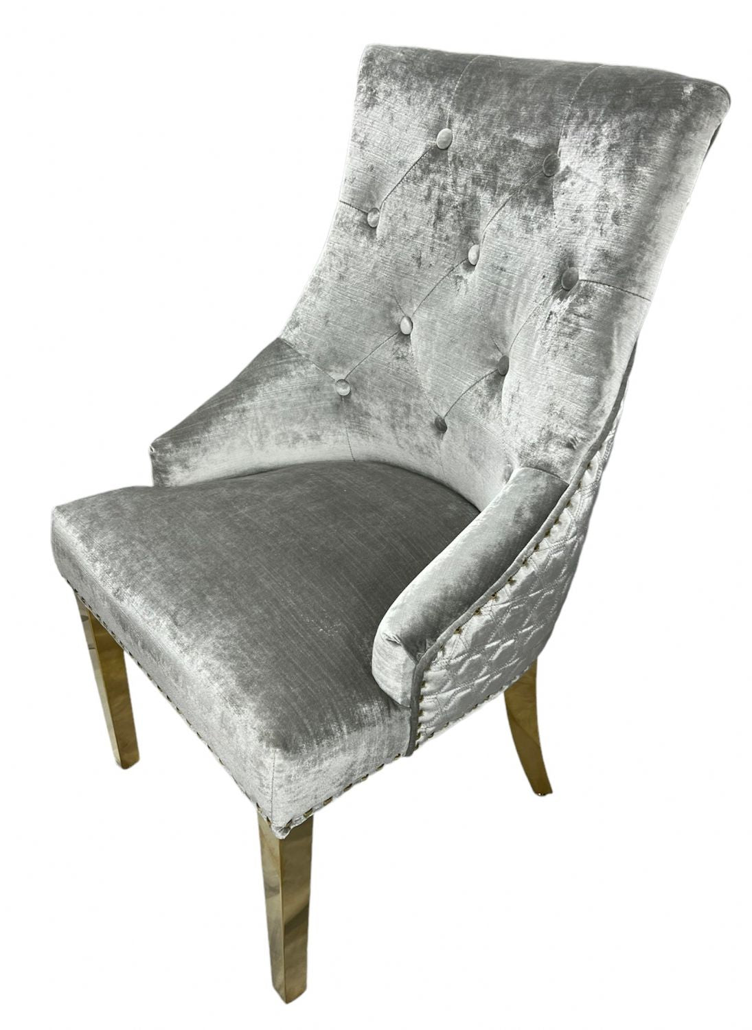 Silver Grey Shimmer Velvet Dining Chair with Lion Knocker and Gold Legs