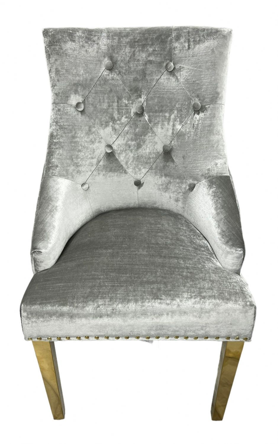 Silver Grey Shimmer Velvet Dining Chair with Lion Knocker and Gold Legs