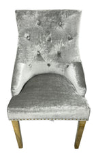 Silver Grey Shimmer Velvet Dining Chair with Lion Knocker and Gold Legs