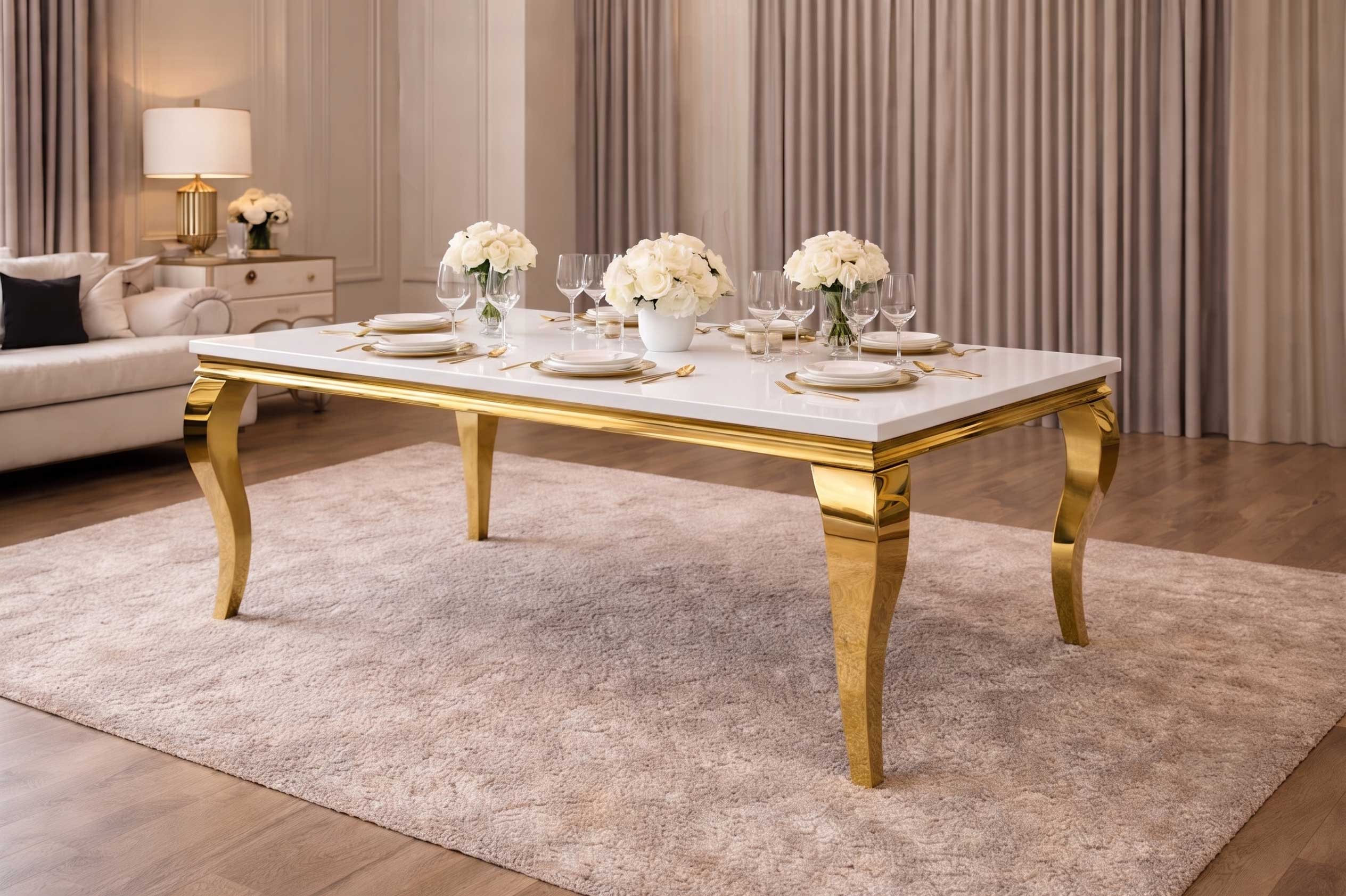White Marble Effect 1.5m/1.8m/2.0m Rectangular Dining Table with Gold Metal Legs
