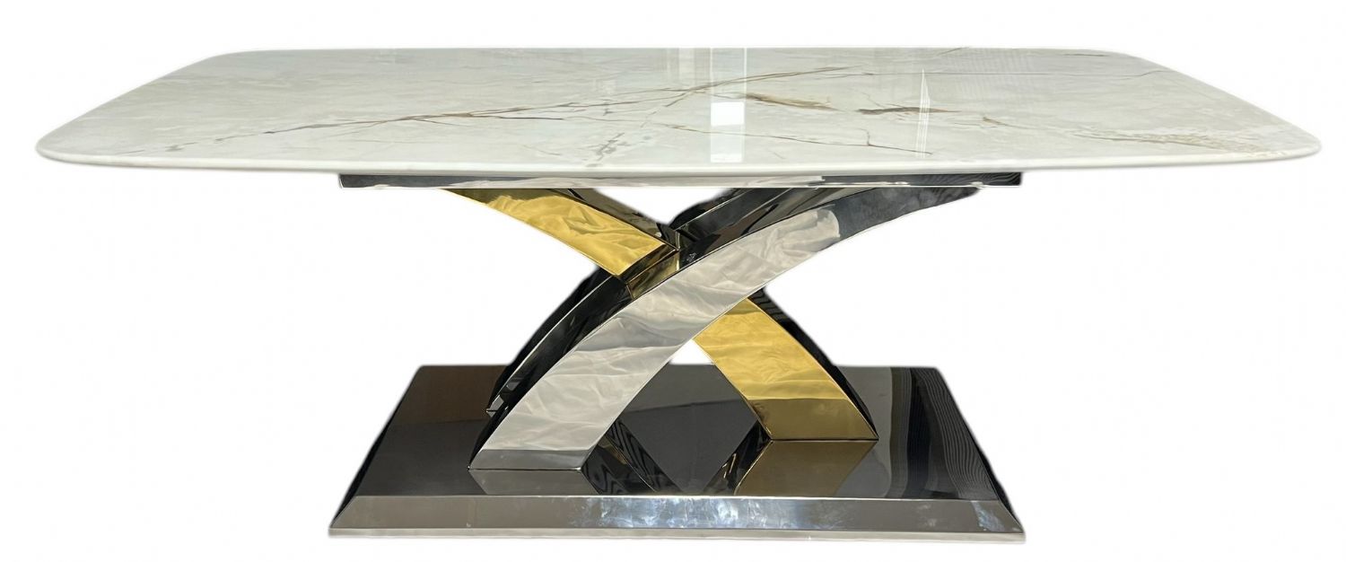 Cream Marble Effect Coffee Table with Silver and Gold Cross Base