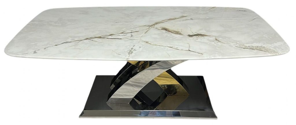 Cream Marble Effect Coffee Table with Silver and Gold Cross Base