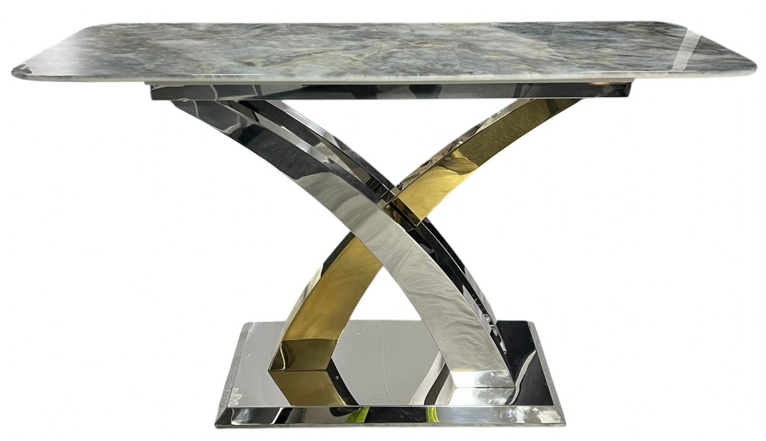 Grey Marble Effect Console Table with Silver and Gold Cross Pedestal Base