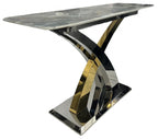 Grey Marble Effect Console Table with Silver and Gold Cross Pedestal Base