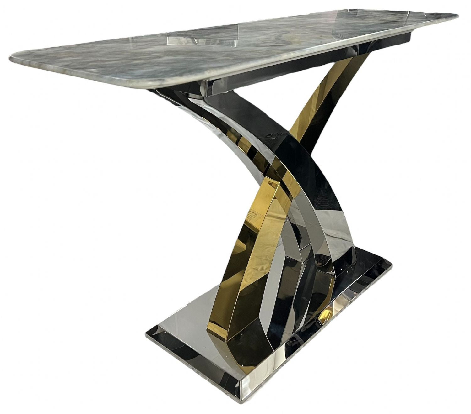 Grey Marble Effect Console Table with Silver and Gold Cross Pedestal Base