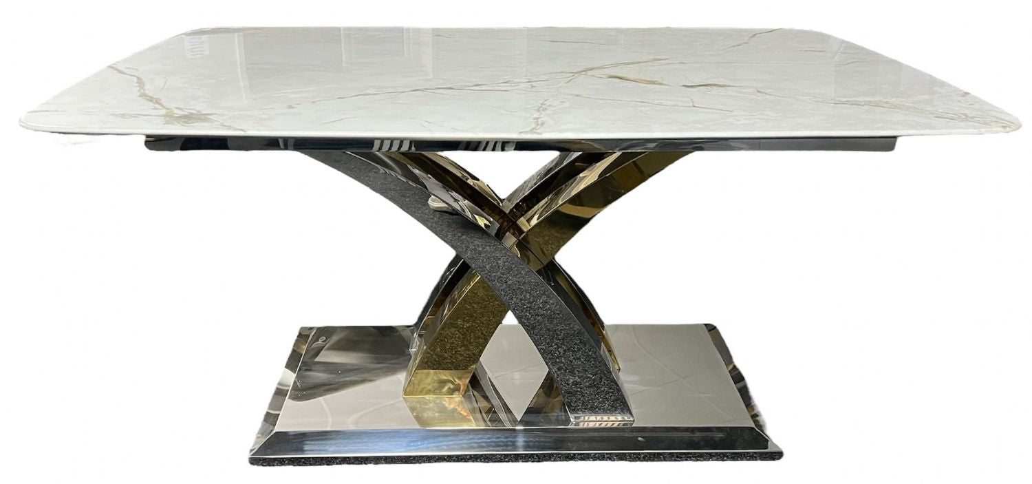Cream Marble Effect 1.8m/1.5m Rectangular Dining Table with Chrome and Gold Cross Base