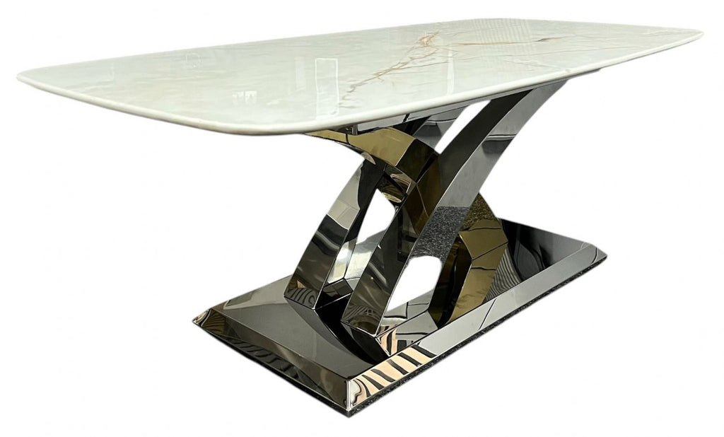Cream Marble Effect 1.8m/1.5m Rectangular Dining Table with Chrome and Gold Cross Base