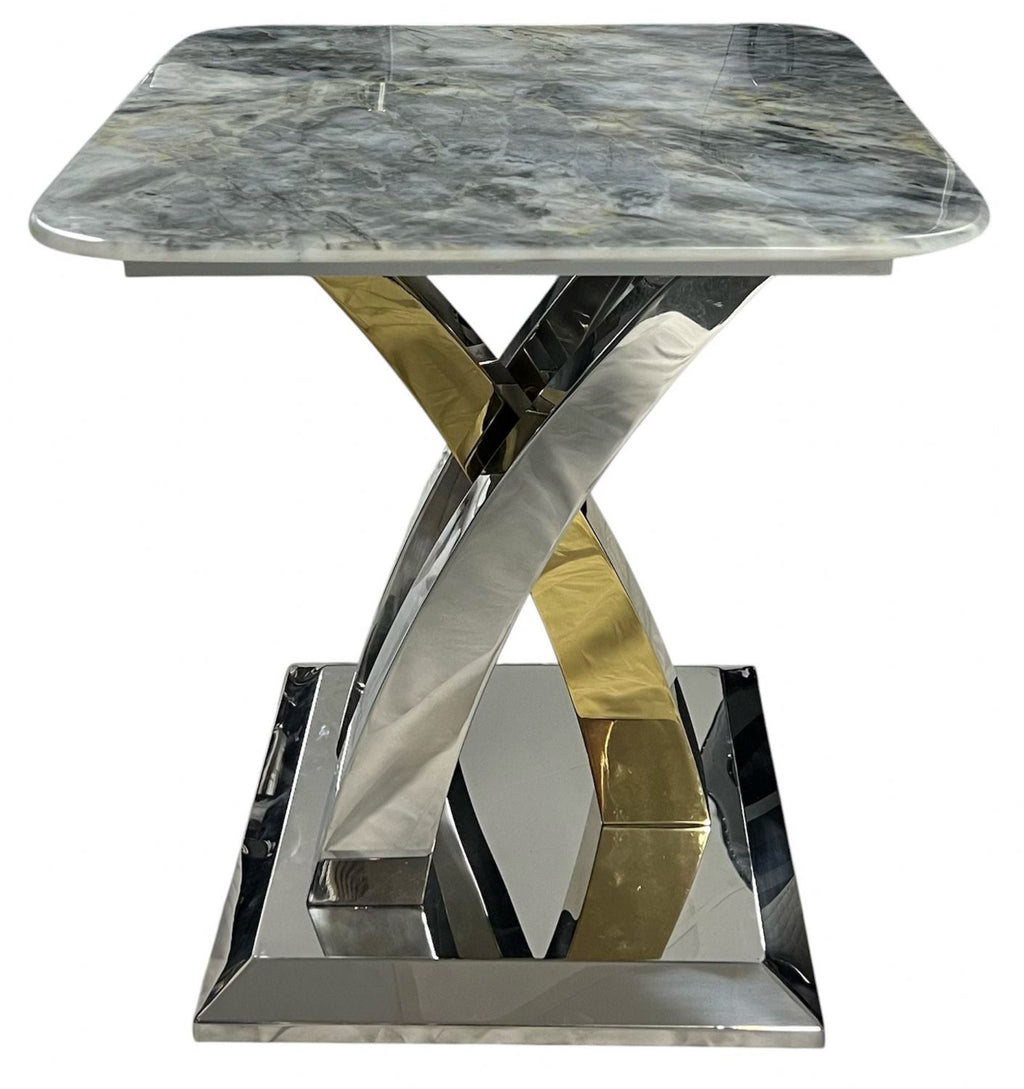 Grey Marble Effect Top Side Table with Polished Stainless Steel Cross Base