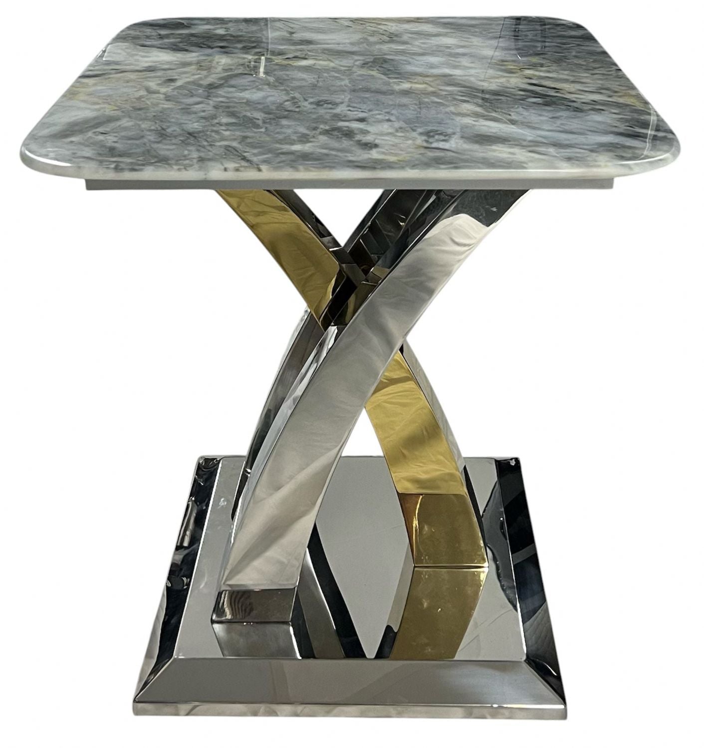 Grey Marble Effect Top Side Table with Polished Stainless Steel Cross Base