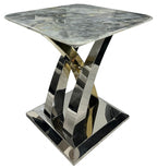 Grey Marble Effect Top Side Table with Polished Stainless Steel Cross Base
