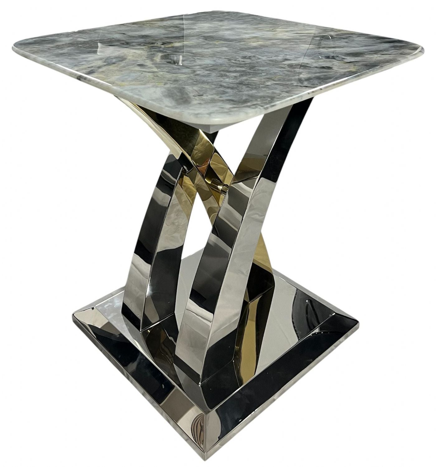 Grey Marble Effect Top Side Table with Polished Stainless Steel Cross Base
