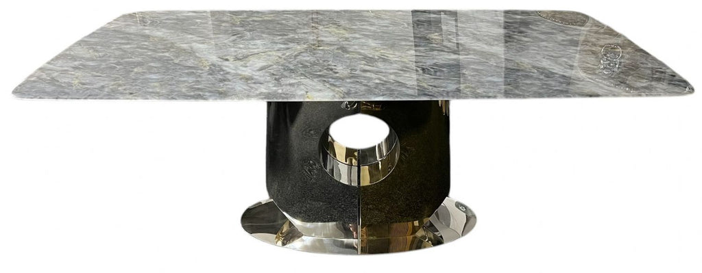 Grey Marble 2.0m/1.8m Dining Table with Chrome and Gold Block Pedestal Base