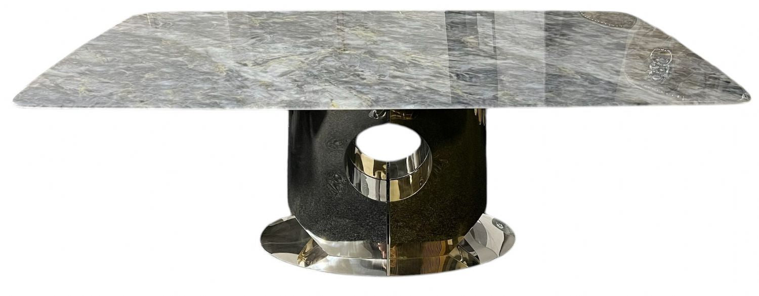 Grey Marble 2.0m/1.8m Dining Table with Chrome and Gold Block Pedestal Base