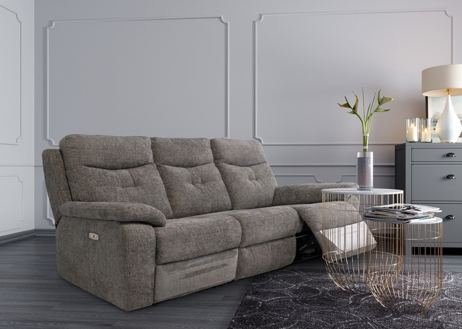 Graphite Fabric 3 Seater Electric Power Recliner Sofa