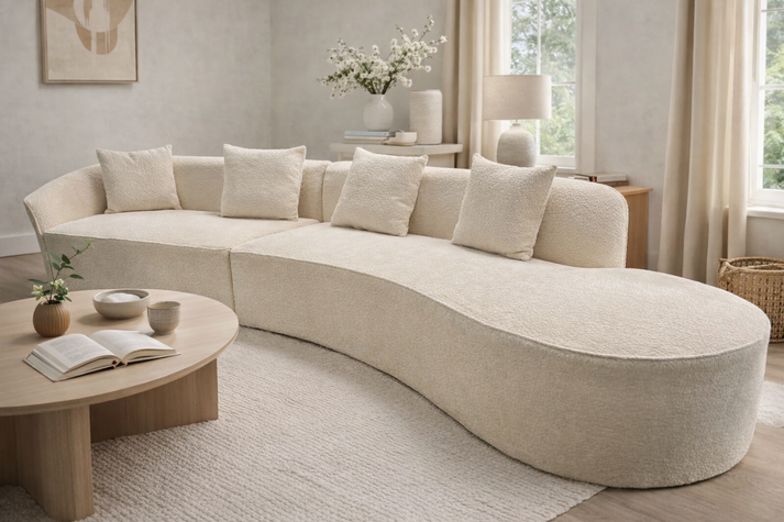 Ivory Boucle Left Hand 5 Seater Curved Sofa