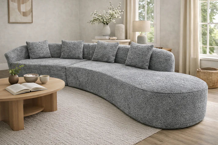 Grey Boucle Fabric Right Hand 5 Seater Sofa with Curved Design
