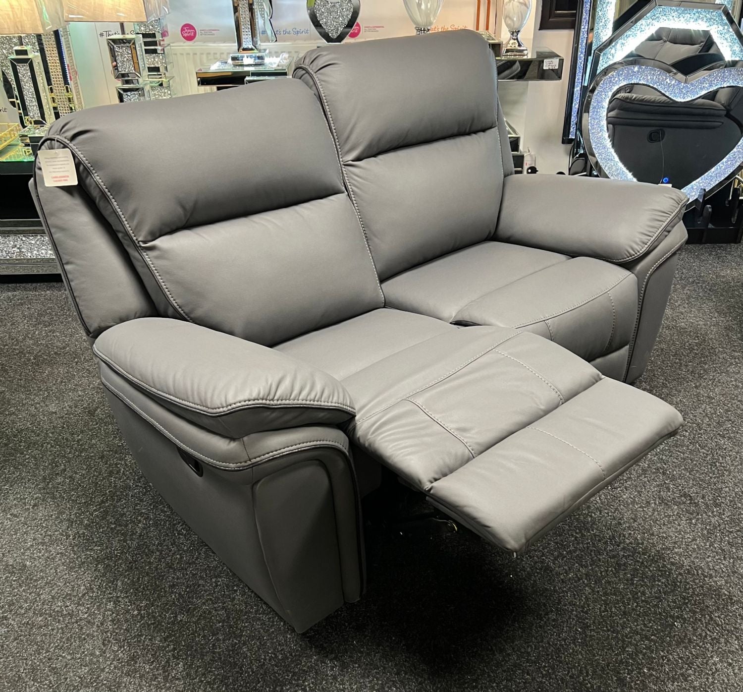 Grey Leather Fabric Upholstery 2 Seater Recliner Sofa
