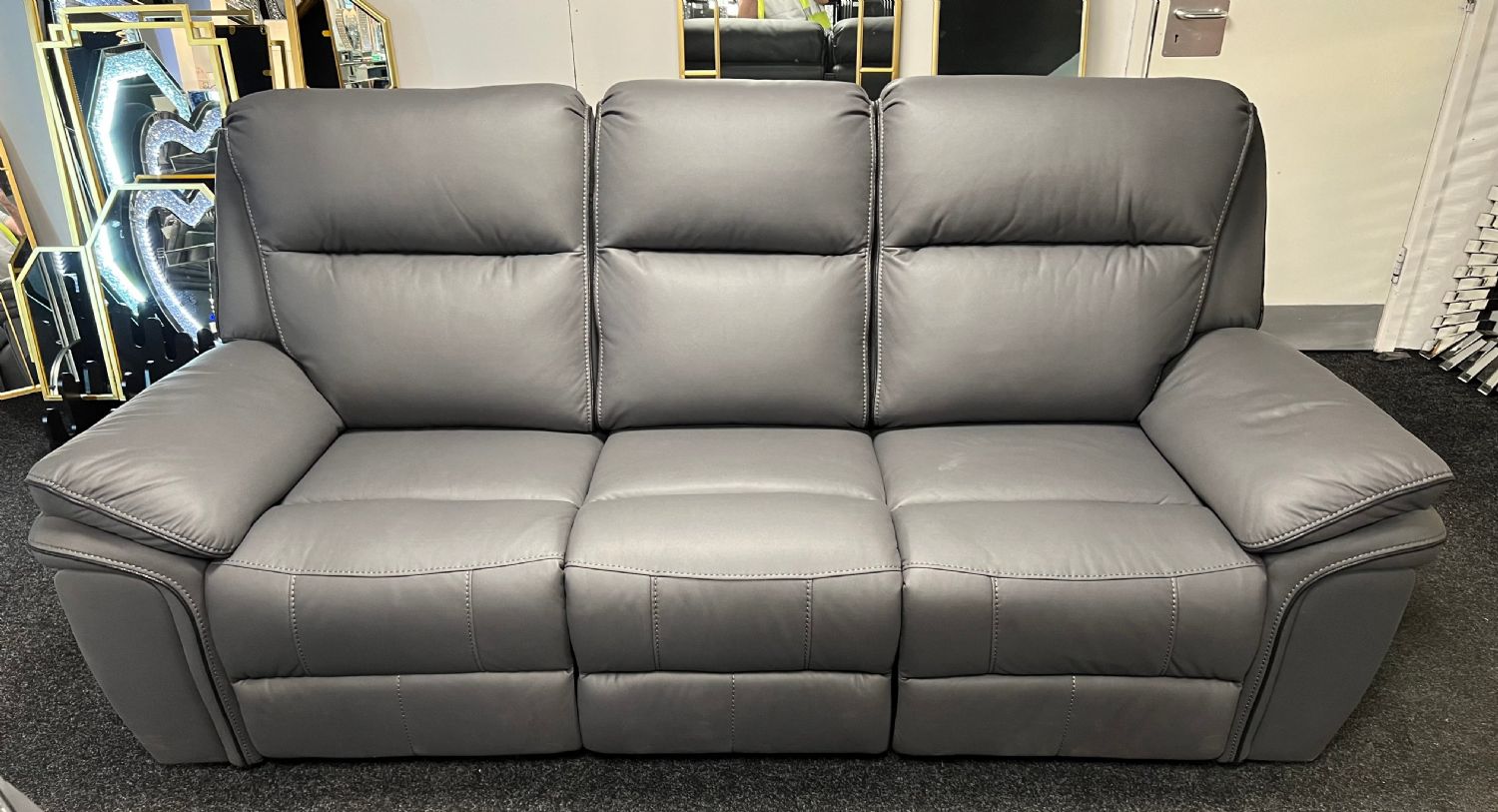 Grey Leather Fabric Upholstery 3 Seater Recliner Sofa