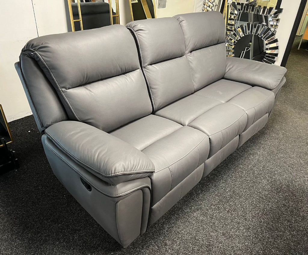 Grey Leather Fabric Upholstery 3 Seater Recliner Sofa