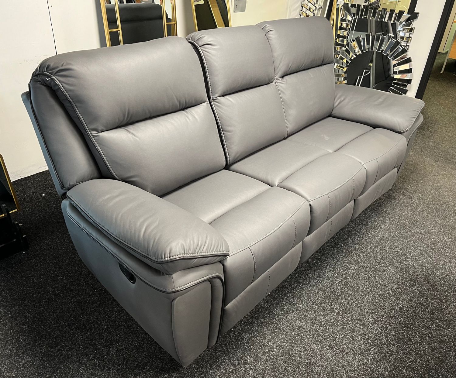 Grey Leather Fabric Upholstery 3 Seater Recliner Sofa
