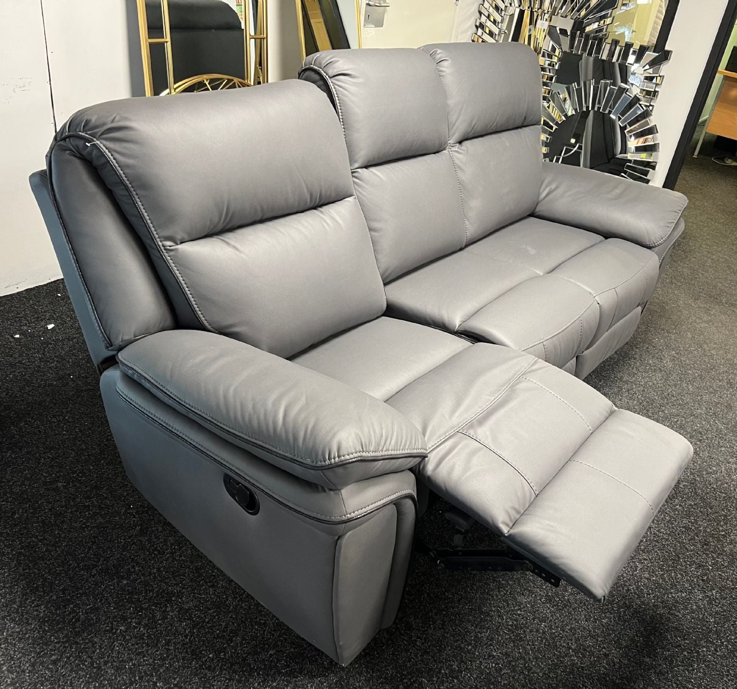 Grey Leather Fabric Upholstery 3 Seater Recliner Sofa